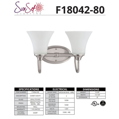 Sunset Lighting 2-Light Darby Vanity 100W MB Satin Nickel F18042-80