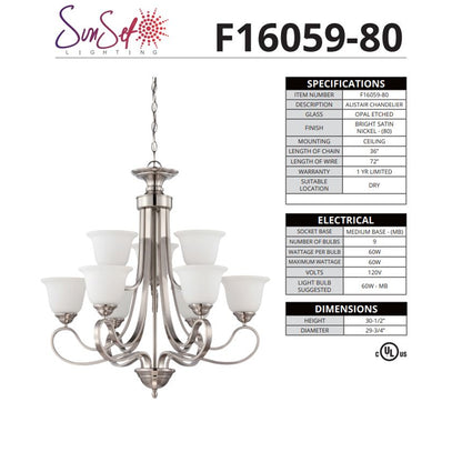Sunset 9-Light 2 Tiers 60W Chandelier Bright Satin Nickel F16059-80