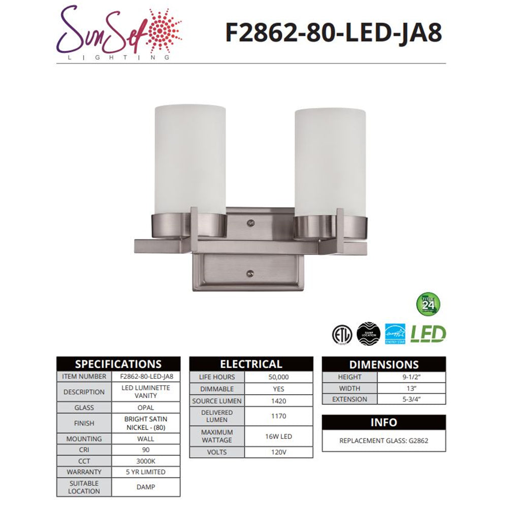 Sunset Lighting 2-Light Luminette Vanity Satin Nickel w/ Opal Glass F2862-80