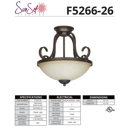 Sunset Lighting Provano 2-Light Semi-Flush Mount, Tique Finish w/ Buttercup Glass - F5266-26