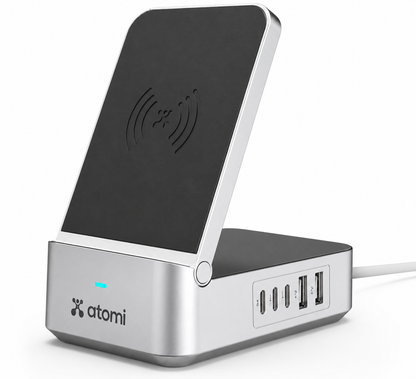 Atomi 55W Multi port charging station Qi, 20W PD port, 2x USB-C ports, 2x USB-A ports - AT1705-55W
