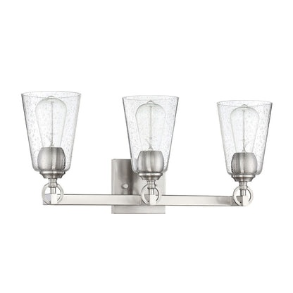 Sunset Lighting Arden 3-Light Vanity Clear Seedy Steel Round Glass 100W w/ Bright Satin Nickel Finish F7223-80