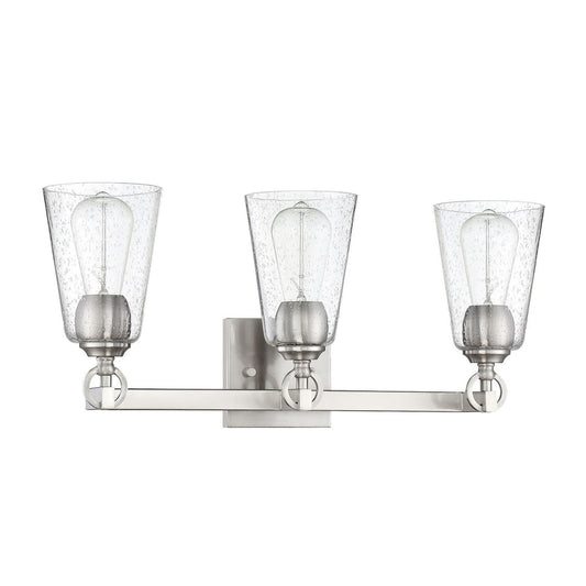 Sunset Lighting Arden 3-Light Vanity Clear Seedy Steel Round Glass 100W w/ Bright Satin Nickel Finish F7223-80