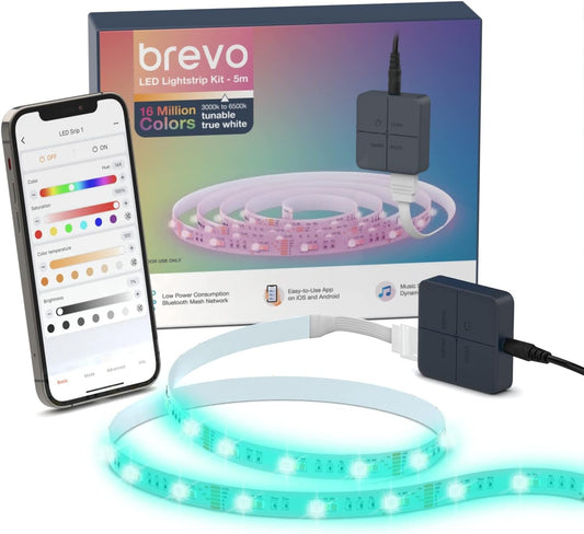 Brevo Bluetooth Mesh Smart LED Strip Light - 5m/ 16.4ft, 3000k to 6500k Tunable White, App-Enabled, Music Sync -  JDW6CR36W