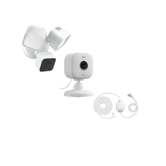 Blink Wired Floodlight Camera with Mini 2 Camera, Weather Resistant 13' Power Adapter and Yard Sign