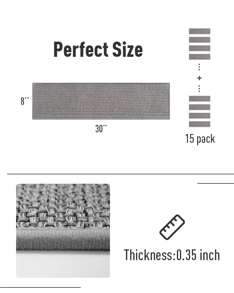 PADOOR Non Slip Stair-Treads, 15PCS Residue Free Carpet Stair Treads for Kids and Dogs 8"x30" Grey