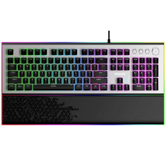 PHILIPS Wired Gaming Keyboard with Palm Rest | LED RGB Mechanical Keyboard w/Custom Cyan Crystal Switches, 38-Key Aliasing SPK8624