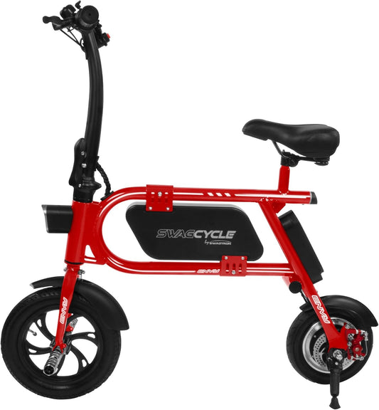 Swagtron SwagCycle SCE-1 Envy Electric Bike Reach 10 mph; 264 lbs Max Load - Red 36860-6, IP54 water-resistant, 12" front and 10" rear wheels