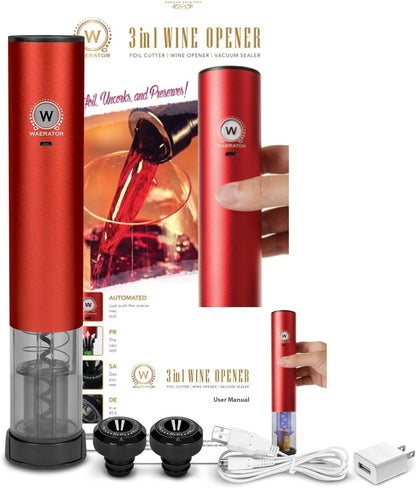 Waerator 3-in-1 Fully-Automatic Rechargeable Electric Wine Opener with Foil Cutter & Wine Preserver WA-OP1-RD