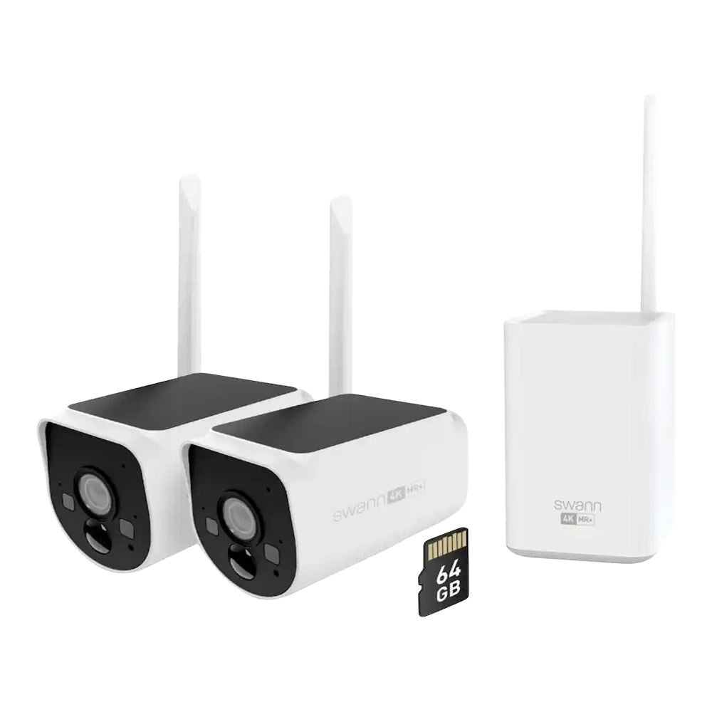 Swann MaxRanger Wi-Fi NVR Camera System with 2 x 4K Long Range Wi-Fi Cameras with Built in Solar Panels & 64GB MicroSD Card SWNVK-MAXV2SD2