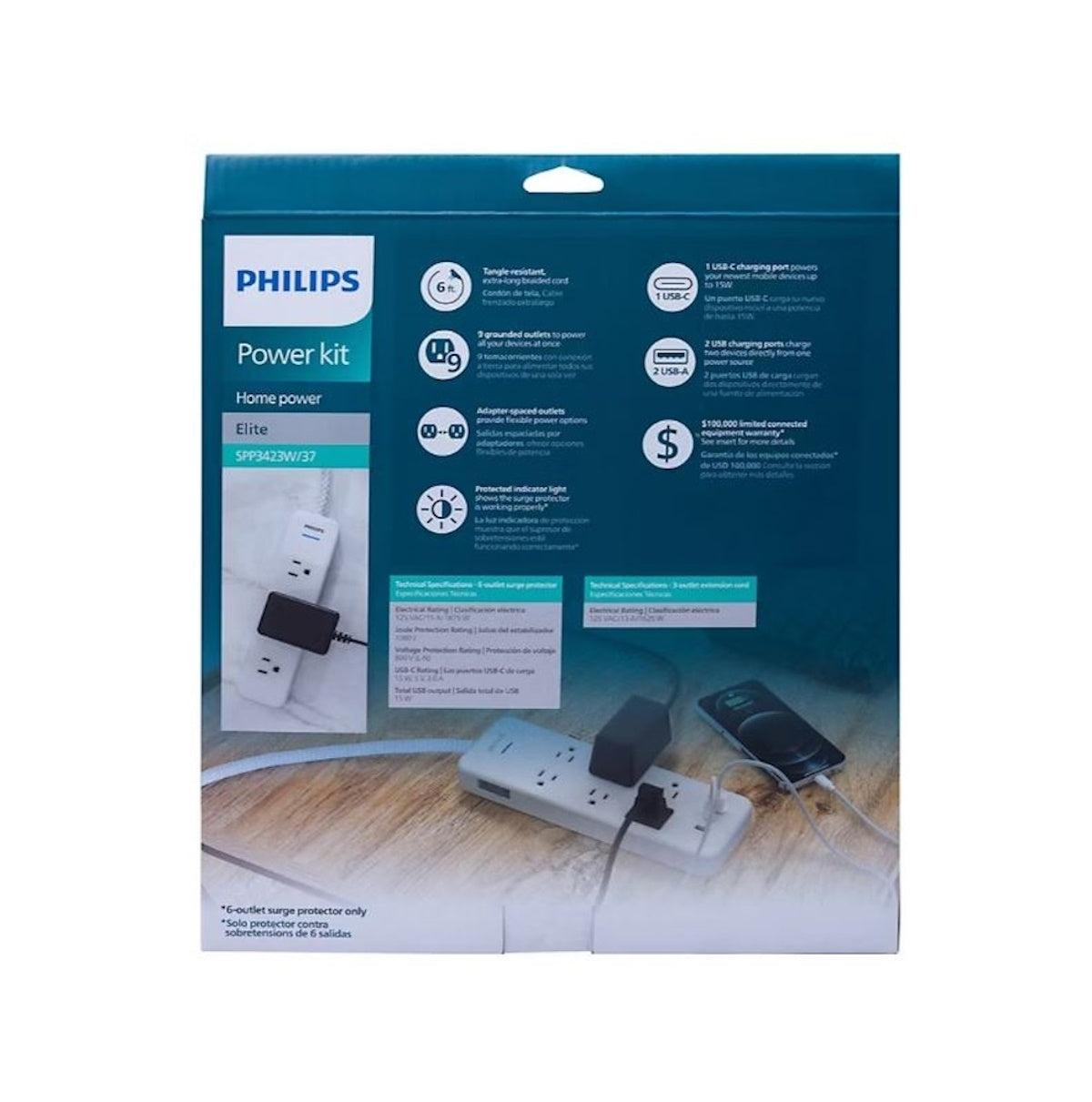 Philips 6-Outlet Surge Protector 2 USB-A 1 USB-C 6' 3-Outlet Power Strip 6' 2-pack