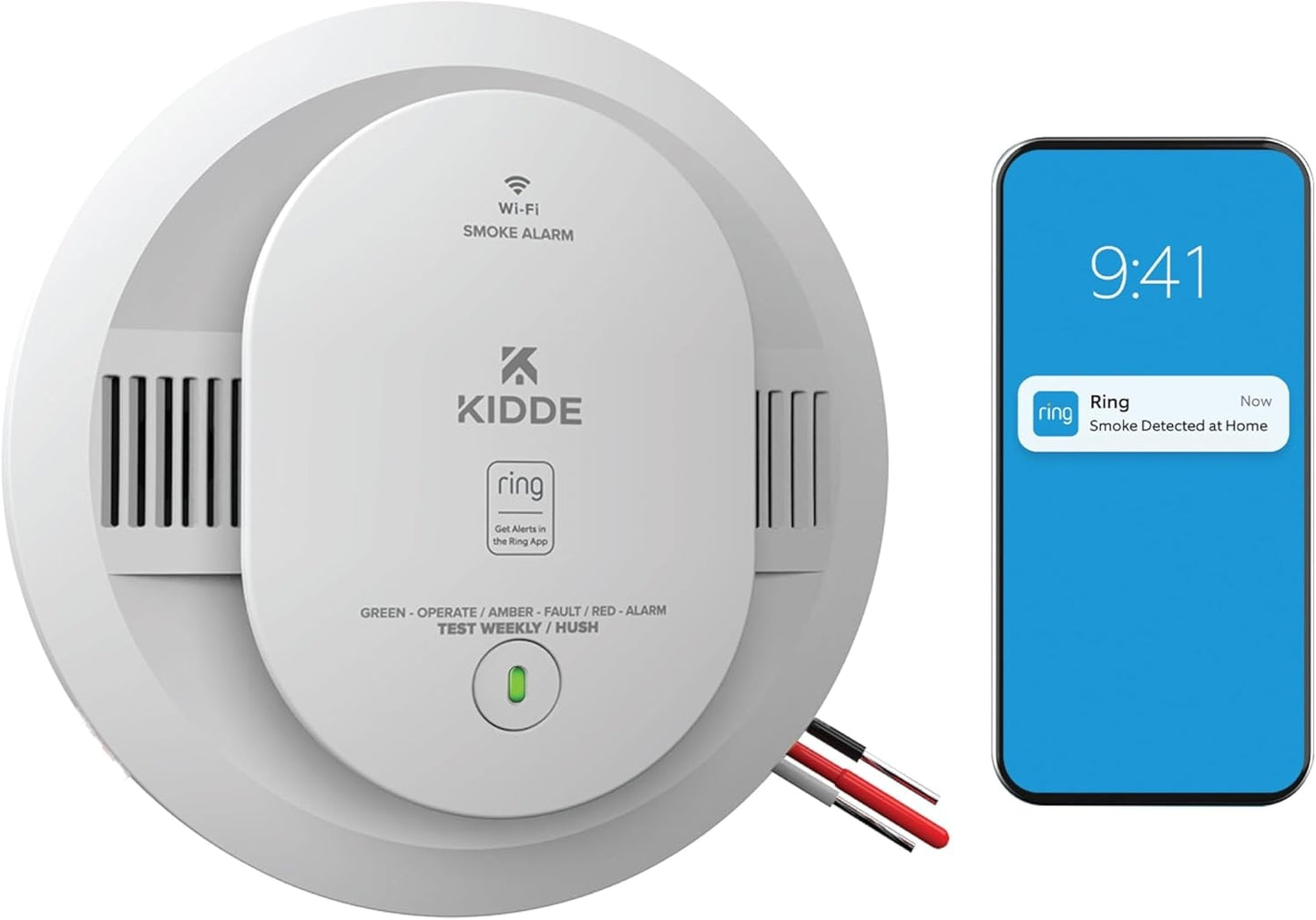 Kidde - Smart Smoke Detector, Ring App Enabled for Real-Time Notifications, Hardwired Alarm, AA Backup Battery - White