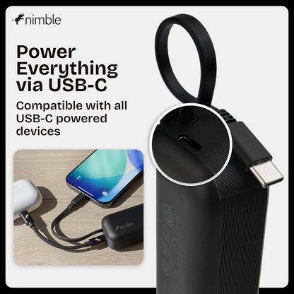 Nimble Wally Pro 20, 2-in-1 Portable Wall Charger + 5,000mAh Power Bank with Foldable Plug, Built-in USB-C Cable