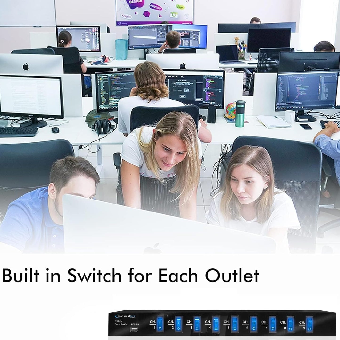 Technical Pro Power Supply Strip, 9 Power Outlet with Switches | 5V USB Charging Port, 1800 Watts, 4 Ft TPS9TU