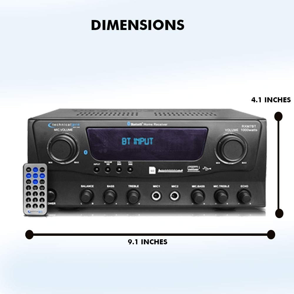 Technical Pro RXM7BT 1000W Home Receiver Bluetooth Amplifier Amp w/USB/SD/FM