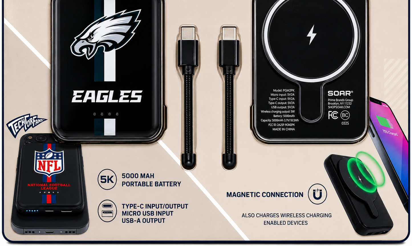 Soar NFL Wireless Charging Magnetic Power Bank 2-Pack 5000 mAh capacity (Eagles)