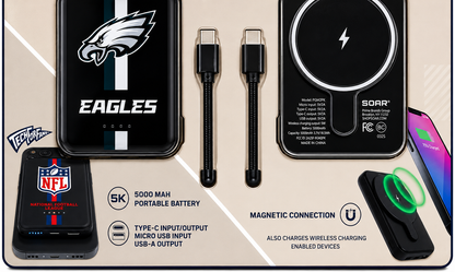 Soar NFL Wireless Charging Magnetic Power Bank 2-Pack 5000 mAh capacity (Eagles)