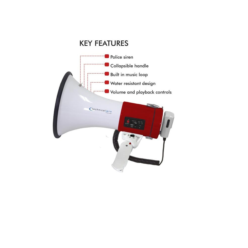 Technical Pro Portable Megaphone with Siren, 20W Voice Amplifier Bullhorn with Adjustable Volume MPH75UR