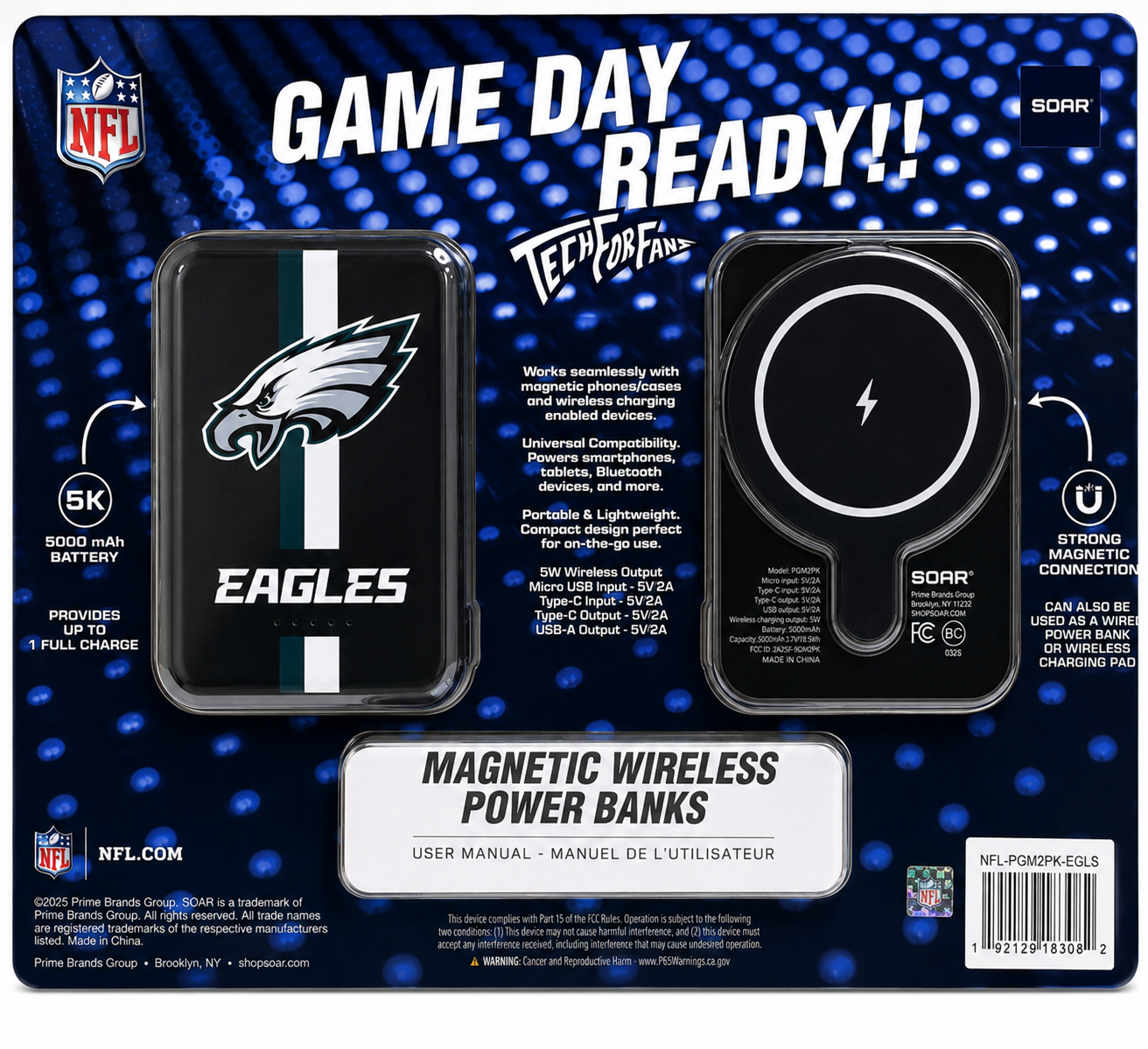 Soar NFL Wireless Charging Magnetic Power Bank 2-Pack 5000 mAh capacity (Eagles)