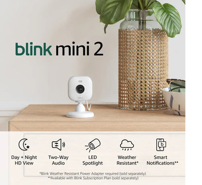 Blink 2pk Outdoor Camera with Mini 2 Camera, Weather Resistant 13' Power Adapter