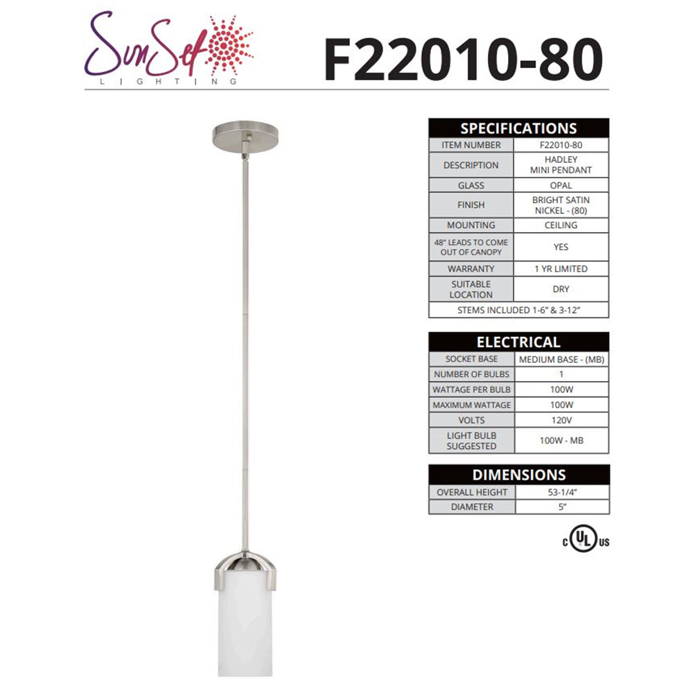 Sunset Lighting F22010-80 Hadley 1-light Mini Pendant Opal Glass, 100W - Dimmable  Bright Satin Nickel