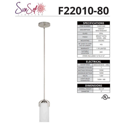 Sunset Lighting F22010-80 Hadley 1-light Mini Pendant Opal Glass, 100W - Dimmable  Bright Satin Nickel