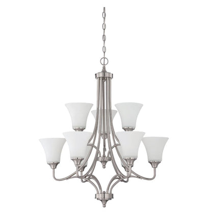 Sunset Lighting Darby 9-Light 2-Tier Chandelier 60W Opal Etched Glass, Dimmable Bright Satin Nickel Finish F18059-80