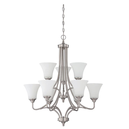 Sunset Lighting Darby 9-Light 2-Tier Chandelier 60W Opal Etched Glass, Dimmable Bright Satin Nickel Finish F18059-80
