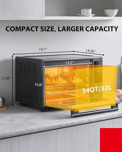 TOSHIBA Hot Convection Toaster Oven, Extra Large 34QT/32L, 9-in-1 Cooking Functions, Crispy Roast, Dehydrate, Rotisserie, 1650W, Black Stainless Steel