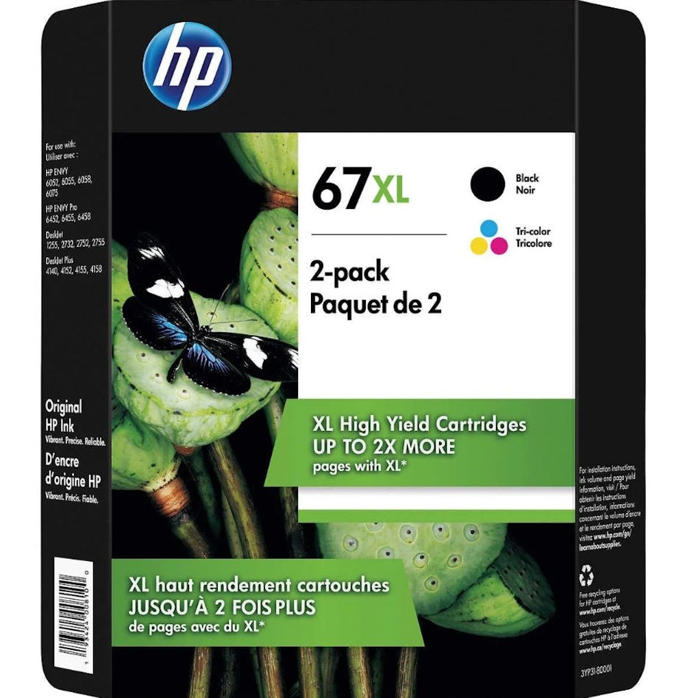 HP 67XL Black and Tri-Color (Yellow, Cyan, Magenta) Ink Cartridges Combo 3YP31BN