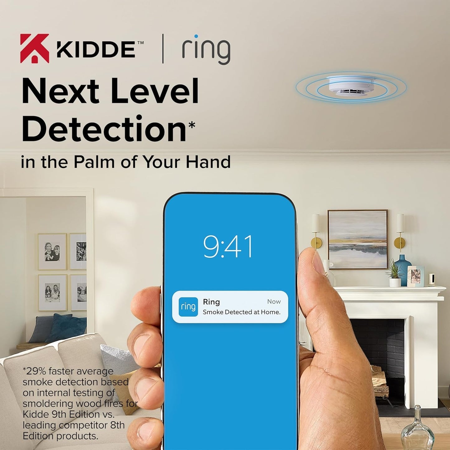 Kidde - Smart Smoke Detector, Ring App Enabled for Real-Time Notifications, Hardwired Alarm, AA Backup Battery - White