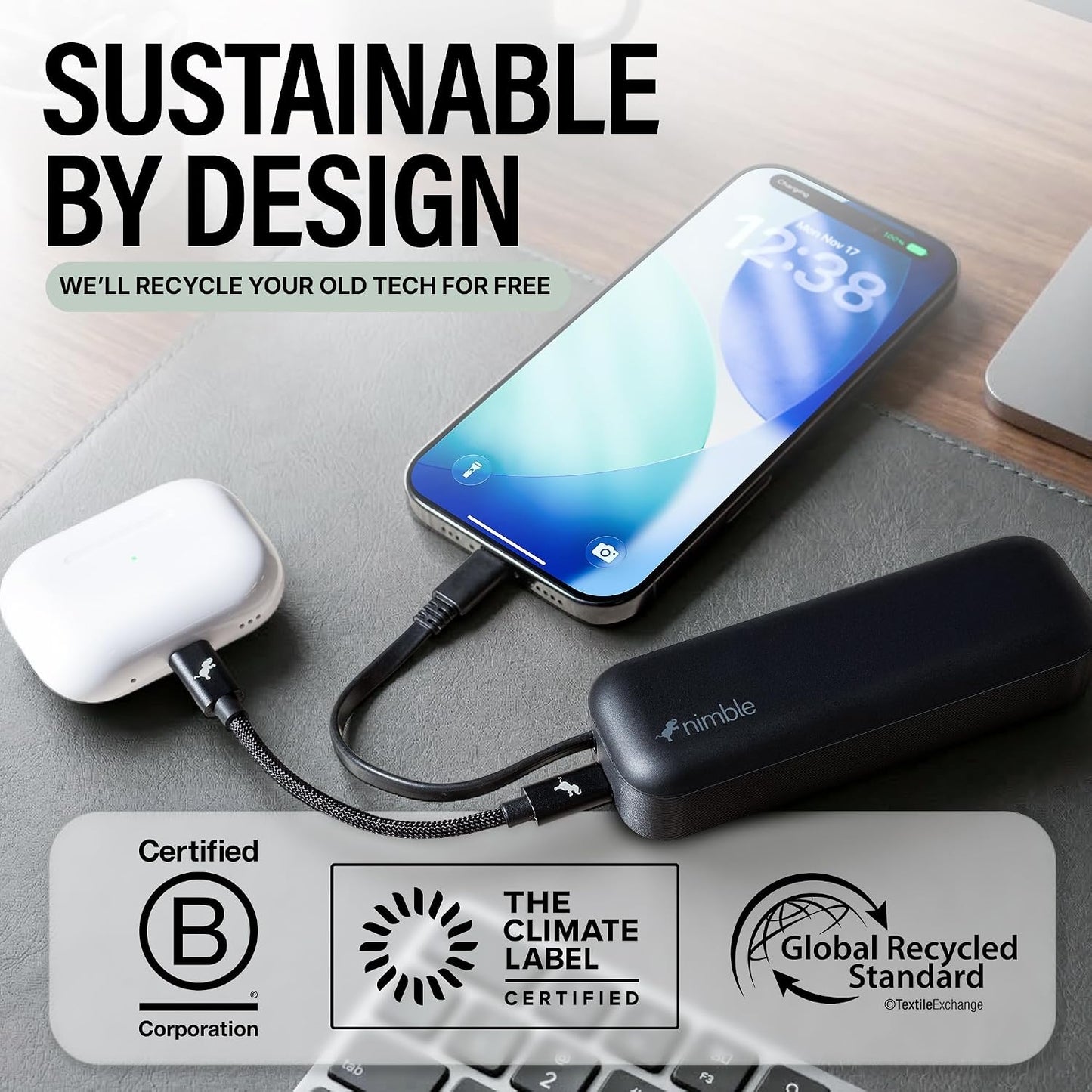 Nimble Wally Pro 20, 2-in-1 Portable Wall Charger + 5,000mAh Power Bank with Foldable Plug, Built-in USB-C Cable