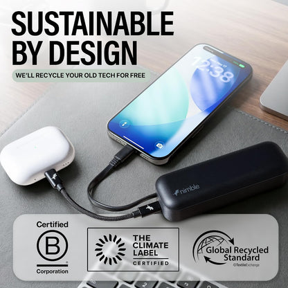 Nimble Wally Pro 20, 2-in-1 Portable Wall Charger + 5,000mAh Power Bank with Foldable Plug, Built-in USB-C Cable