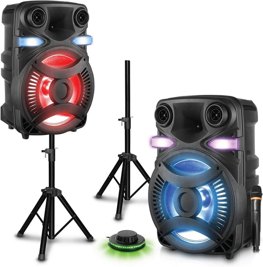 Technical Pro Rechargeable CLUB15 15" Bluetooth DJ Light Speaker Package with Tripod & Microphone LIT15PKG