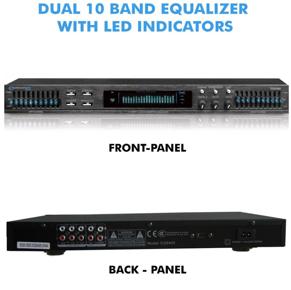 Technical Pro EQ5400 Professional Dual 10-Band Graphic Equalizer with LED Indicators, RCA Inputs & Rack Mount