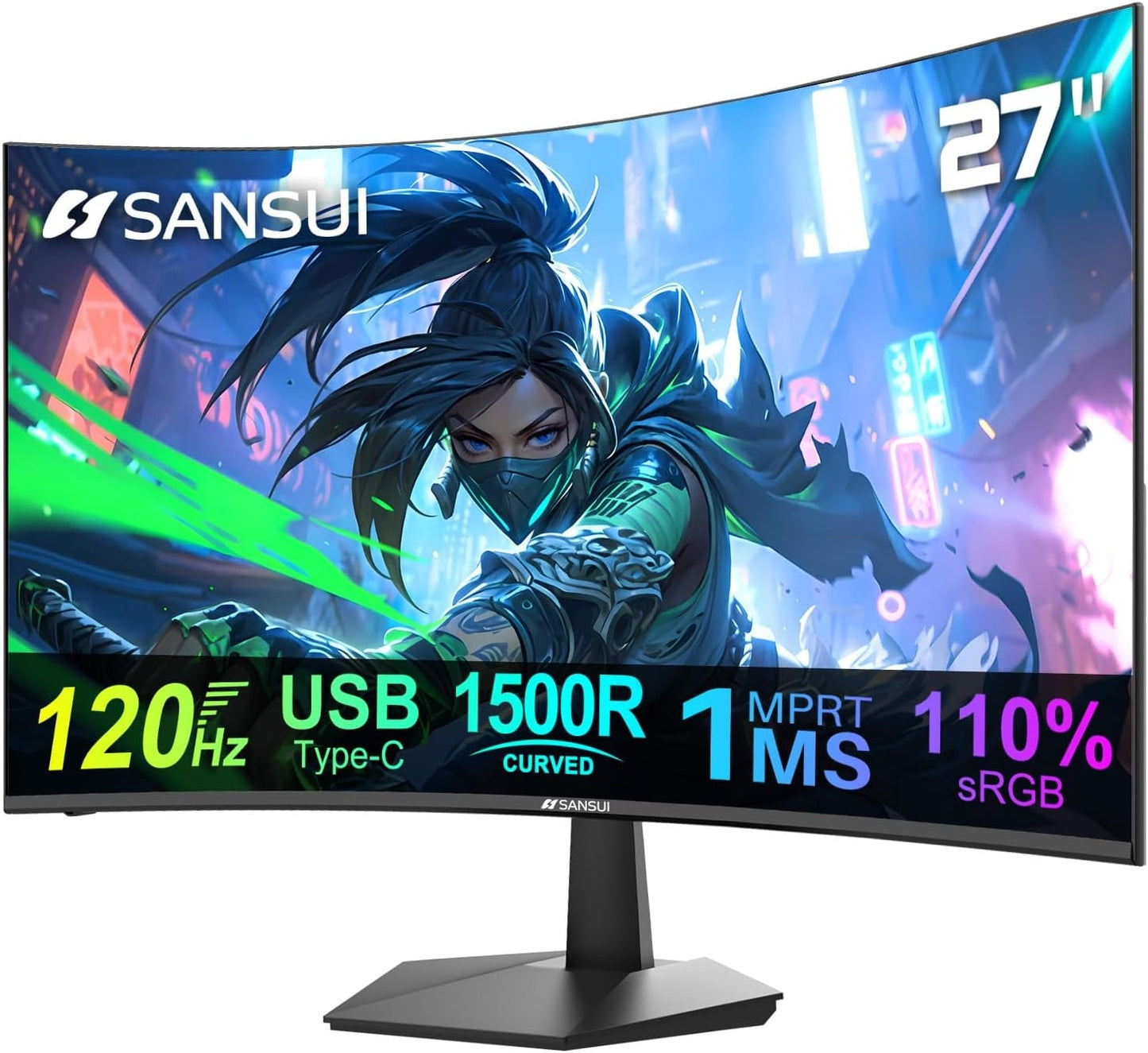 SANSUI Curved Monitor 27" 120Hz 1080p 1500R USB Type-C Computer Monitor ES-27C1