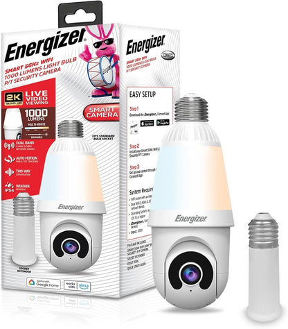 Energizer 1000 Lumens Light Bulb Camera, 2K Outdoor Smart Home Security Camera w/ Auto-Motion