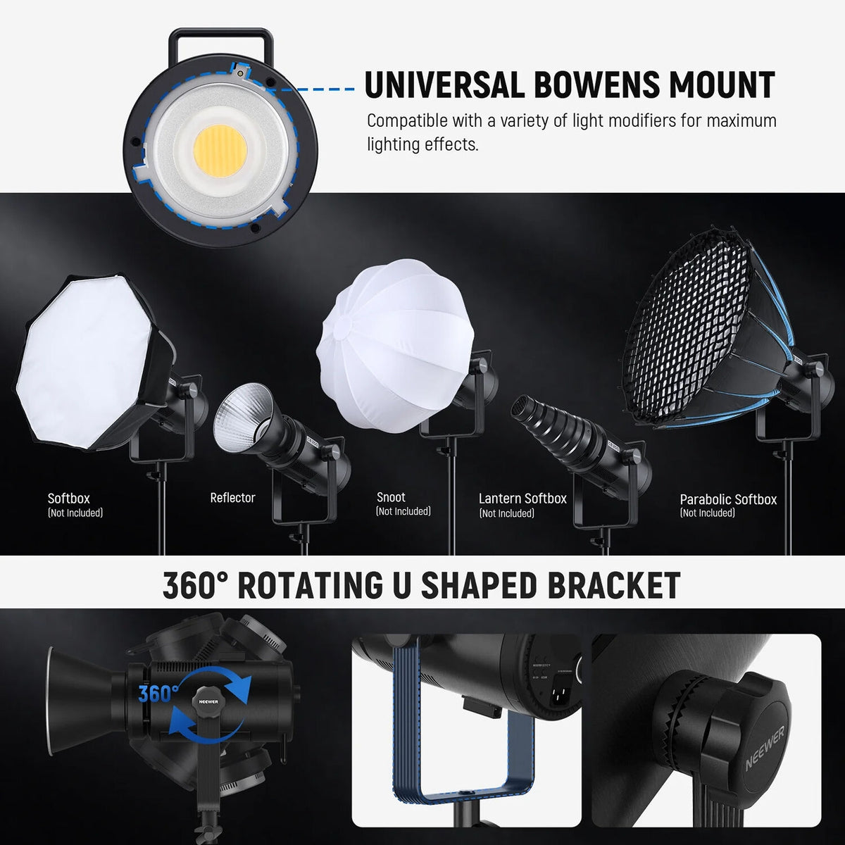 NEEWER CB200C 200W RGBWW COB LED Video Light, APP/2.4G 360° Color 2500K-7500K
