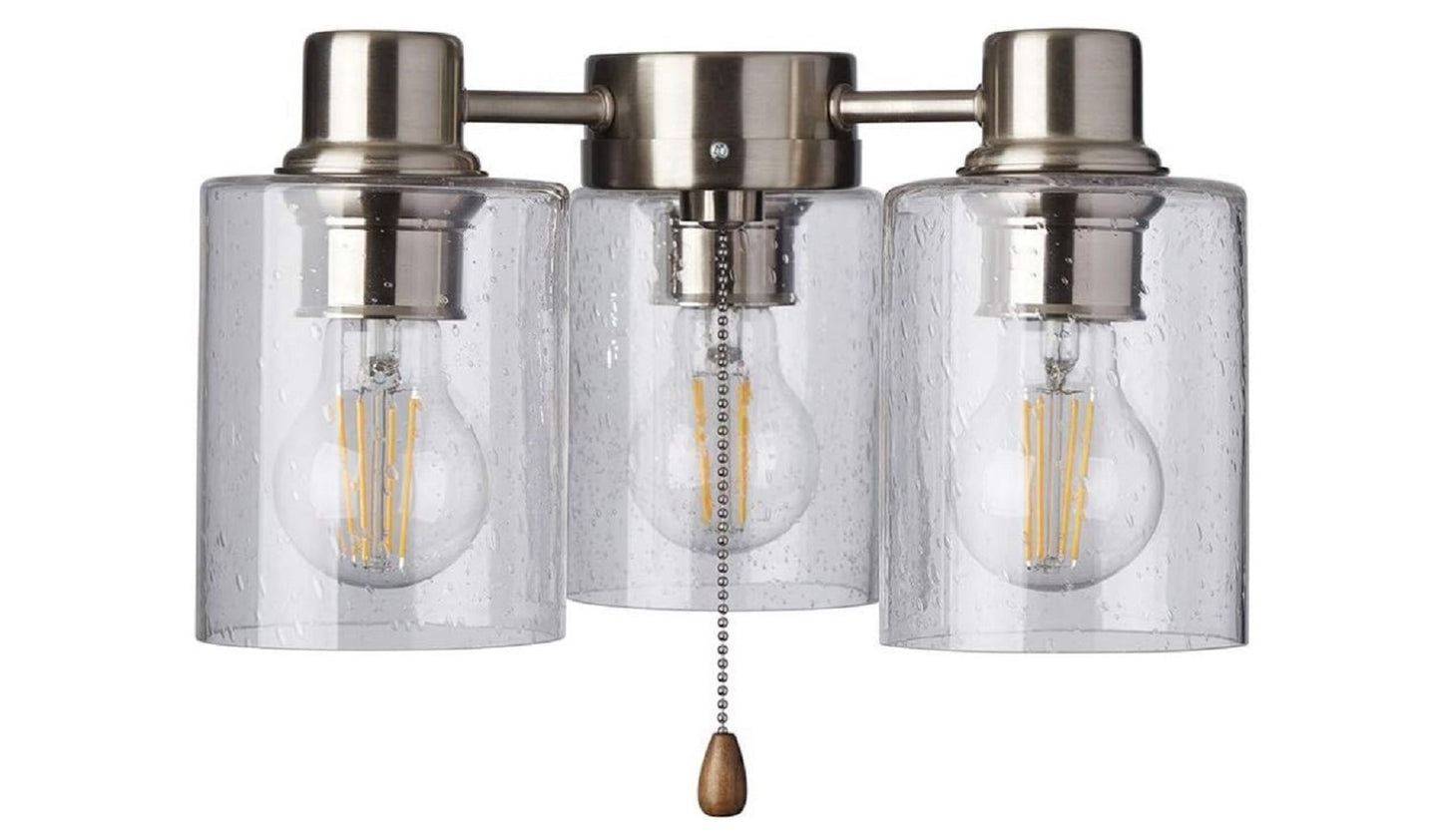Kathy Ireland Home Rye LED Ceiling Fan Light Kit | Modern Farmhouse Lighting Fixture with Bubble Glass Shades, Pull Chain, and 3 A19 LED Bulbs, Brushed Steel LK49BS