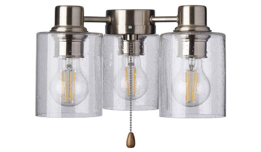 Kathy Ireland Home Rye LED Ceiling Fan Light Kit | Modern Farmhouse Lighting Fixture with Bubble Glass Shades, Pull Chain, and 3 A19 LED Bulbs, Brushed Steel LK49BS