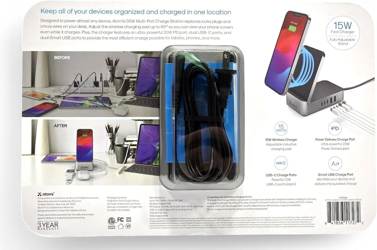 Atomi 55W Multi port charging station Qi, 20W PD port, 2x USB-C ports, 2x USB-A ports - AT1705-55W
