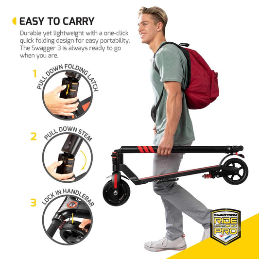 Swagtron Swagger Pro Foldable Electric Sport Scooter w/ Cruise Control Swagger 3 (SG-3), Up to 220 lbs. / Speeds up to 15.5 mph - Black/Red 90033-2