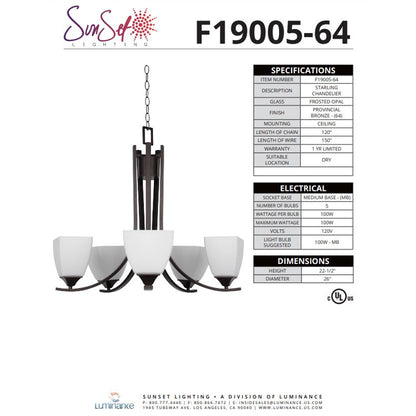 Sunset Lighting F19005-64 Starling Five Light Chandelier - Frosted Opal Glass, Dimmable - with Provincial Bronze Finish