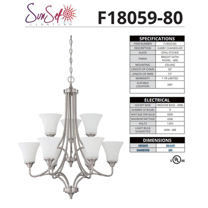 Sunset Lighting Darby 9-Light 2-Tier Chandelier 60W Opal Etched Glass, Dimmable Bright Satin Nickel Finish F18059-80