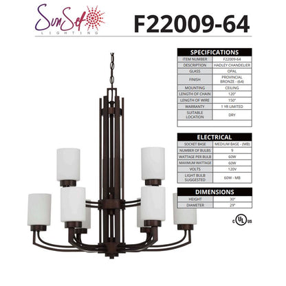 Sunset 9-Light Chandelier Hadley 2-Tier 60W Provincial Bronze - F22009-64