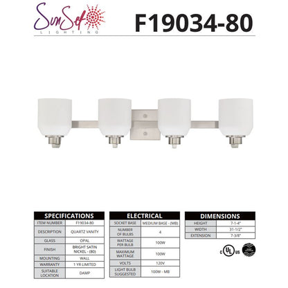 Sunset 4-Light Quartz Vanity Satin nickel Opal Glass F19034-80