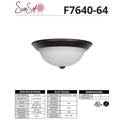 Sunset Lighting 2-Light 11" Flush Mount White Glass PROVINCIAL BRONZE - F7640-64