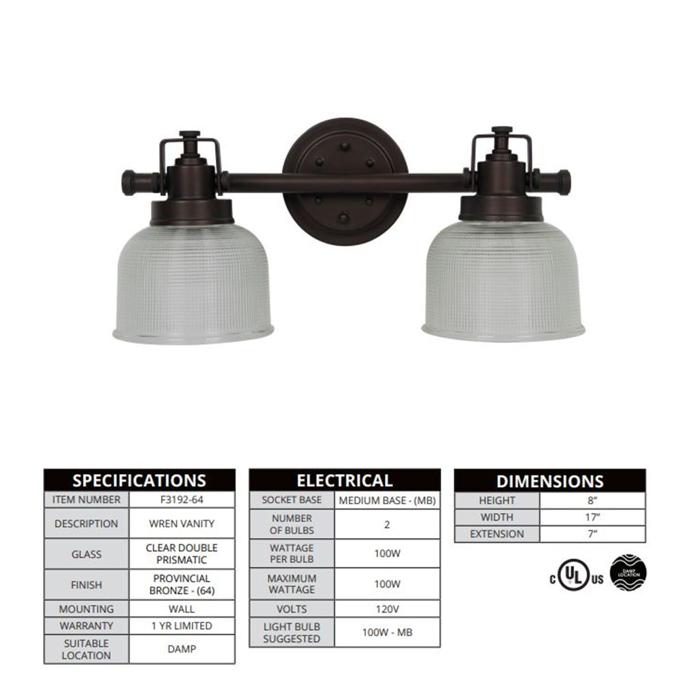 Sunset Lighting 2-Light 100W Mb Wren Vanity Provincial Bronze F3192-64