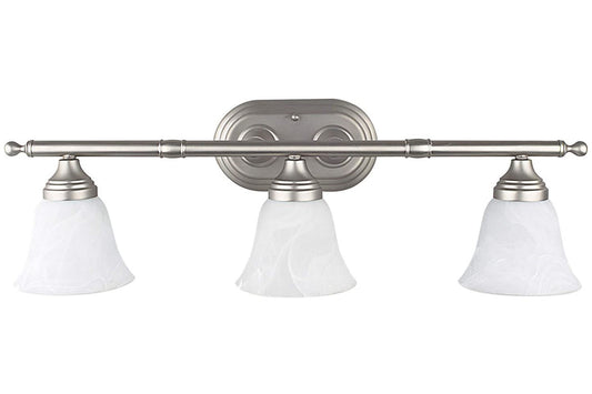 Sunset Lighting 3-Light Vanity w/ Faux Alabaster Glass, Bright Satin Nickel Finish - F3653-80