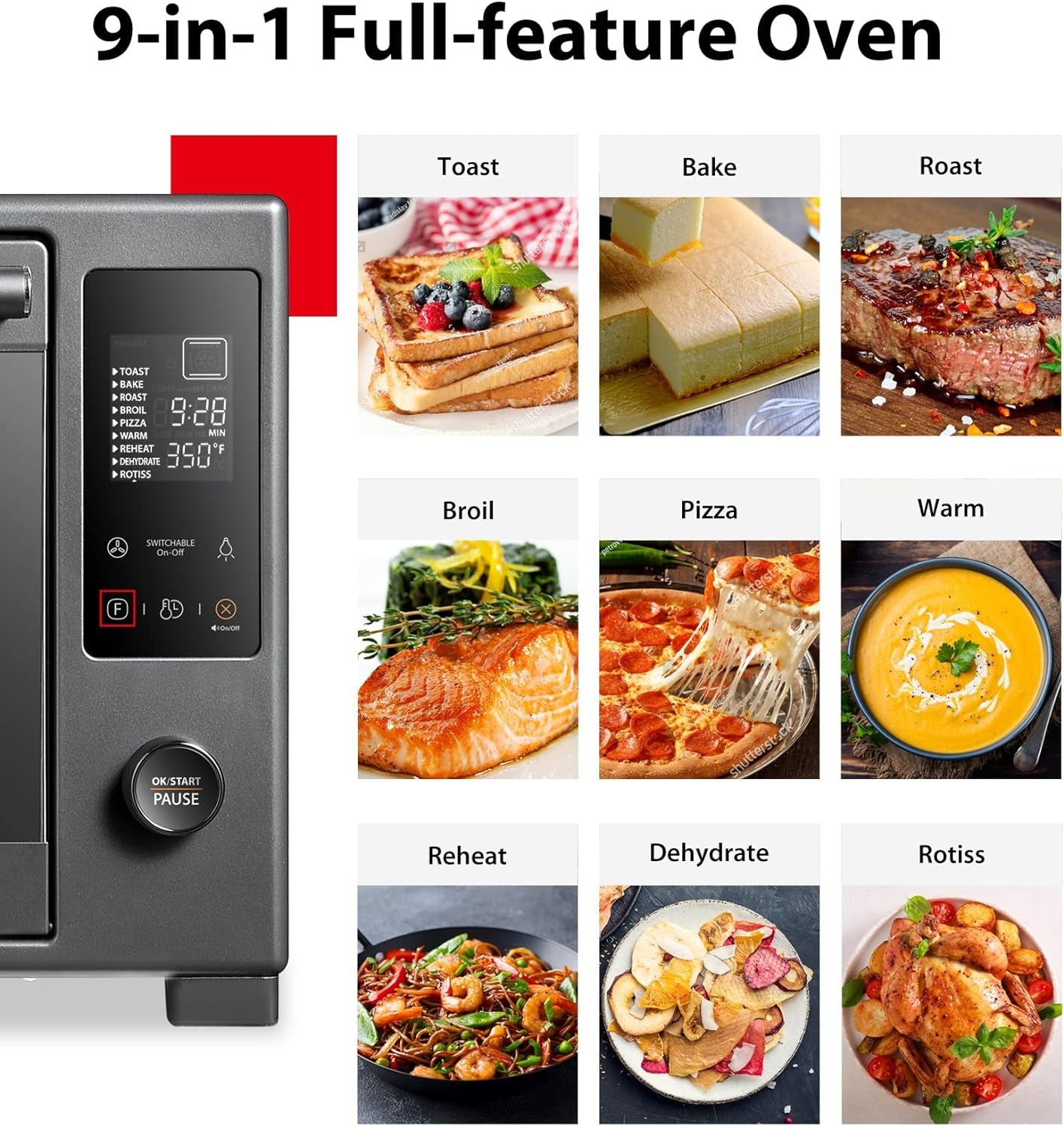 TOSHIBA Hot Convection Toaster Oven, Extra Large 34QT/32L, 9-in-1 Cooking Functions, Crispy Roast, Dehydrate, Rotisserie, 1650W, Black Stainless Steel
